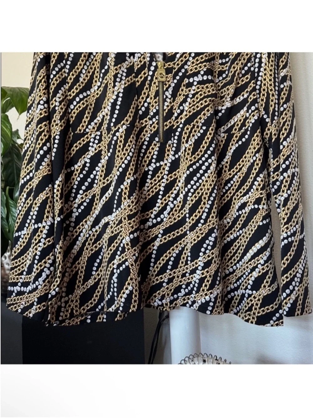 Michael Kors Top Blouse Sz XXL Zip Up Logo MK  Black Gold Chain Pearl Print
